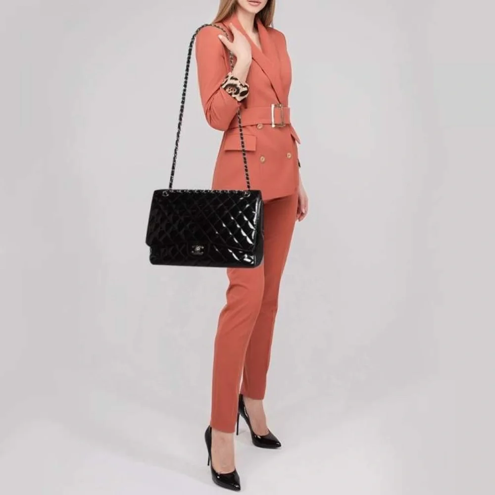 Authentic Chanel Quilted Patent Leather Maxi Classic Single Flap Bag